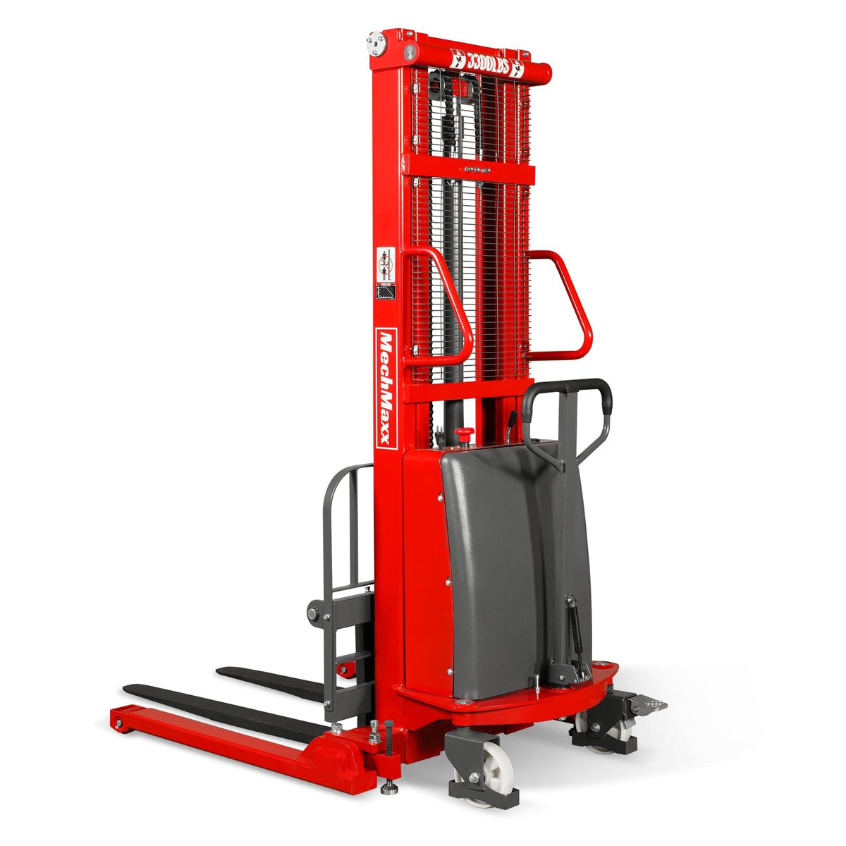 MechMaxx 3300lbs Semi-Electric Straddle Stacker, 118" Lift, Adjustable Legs & Forks, Model S33-118S