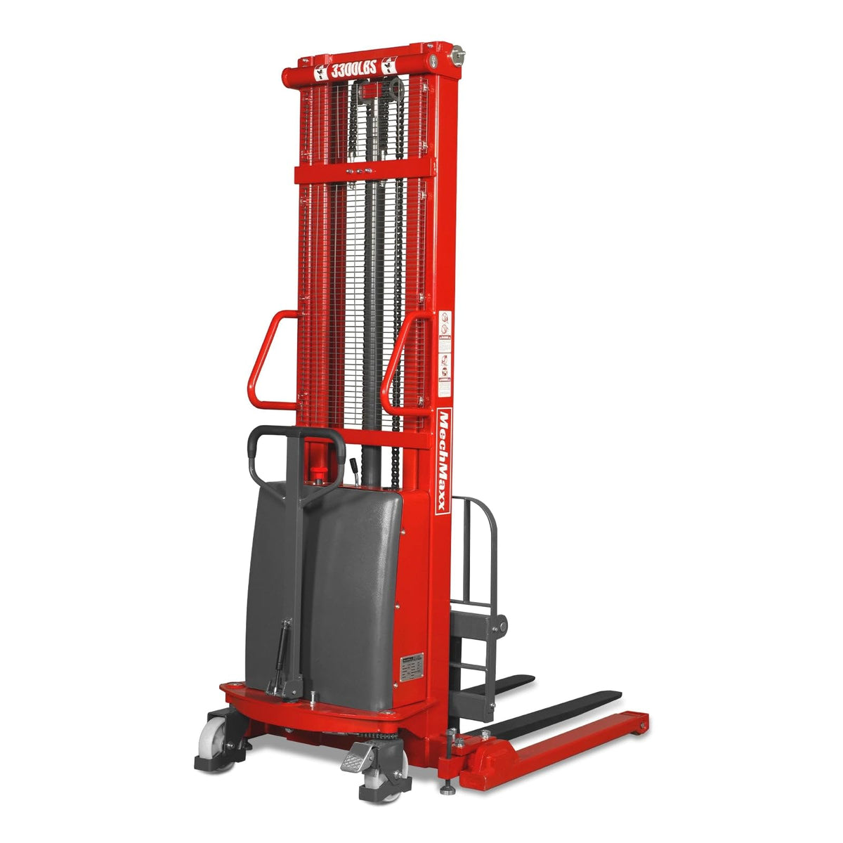 MechMaxx 3300lbs Semi-Electric Straddle Stacker, 138" Lift, Adjustable Legs & Forks, Model S33-138S
