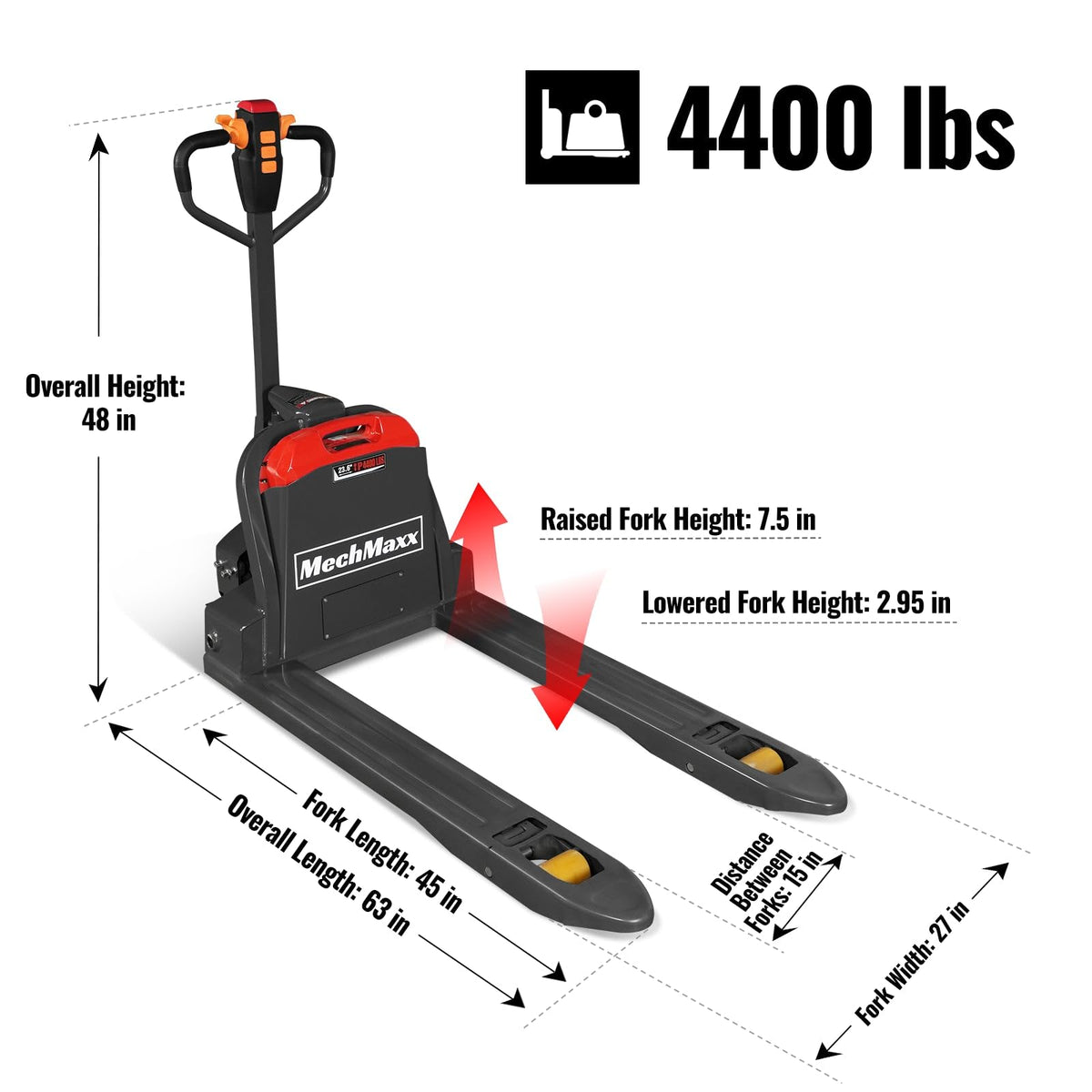 MechMaxx 4400lbs Lithium-ion Electric Pallet Jack, 45"x27" Fork, 48V 30Ah Removable Battery, Walkie Type Truck, Model LPT44