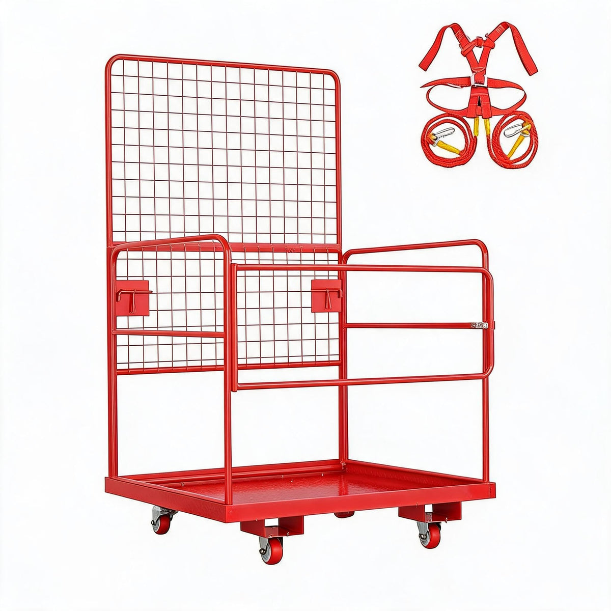 MAXSA Heavy-Duty Forklift Safety Cage – 43"x45" 1800 lbs Capacity 2-Man Aerial Work Platform with Harness, Lock & Wheels – Collapsible Steel Basket, Round Tube (Red)