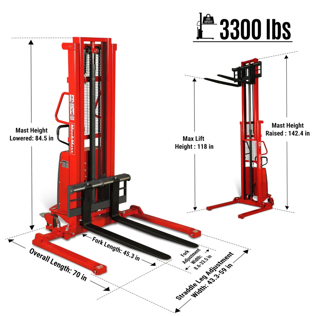 MechMaxx 3300lbs Semi-Electric Straddle Stacker, 118" Lift, Adjustable Legs & Forks, Model S33-118S
