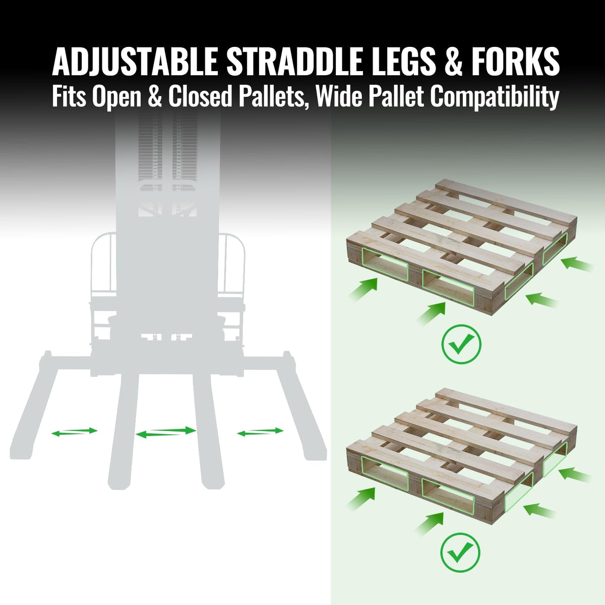 MechMaxx 3300lbs Semi-Electric Straddle Stacker, 118" Lift, Adjustable Legs & Forks, Model S33-118S