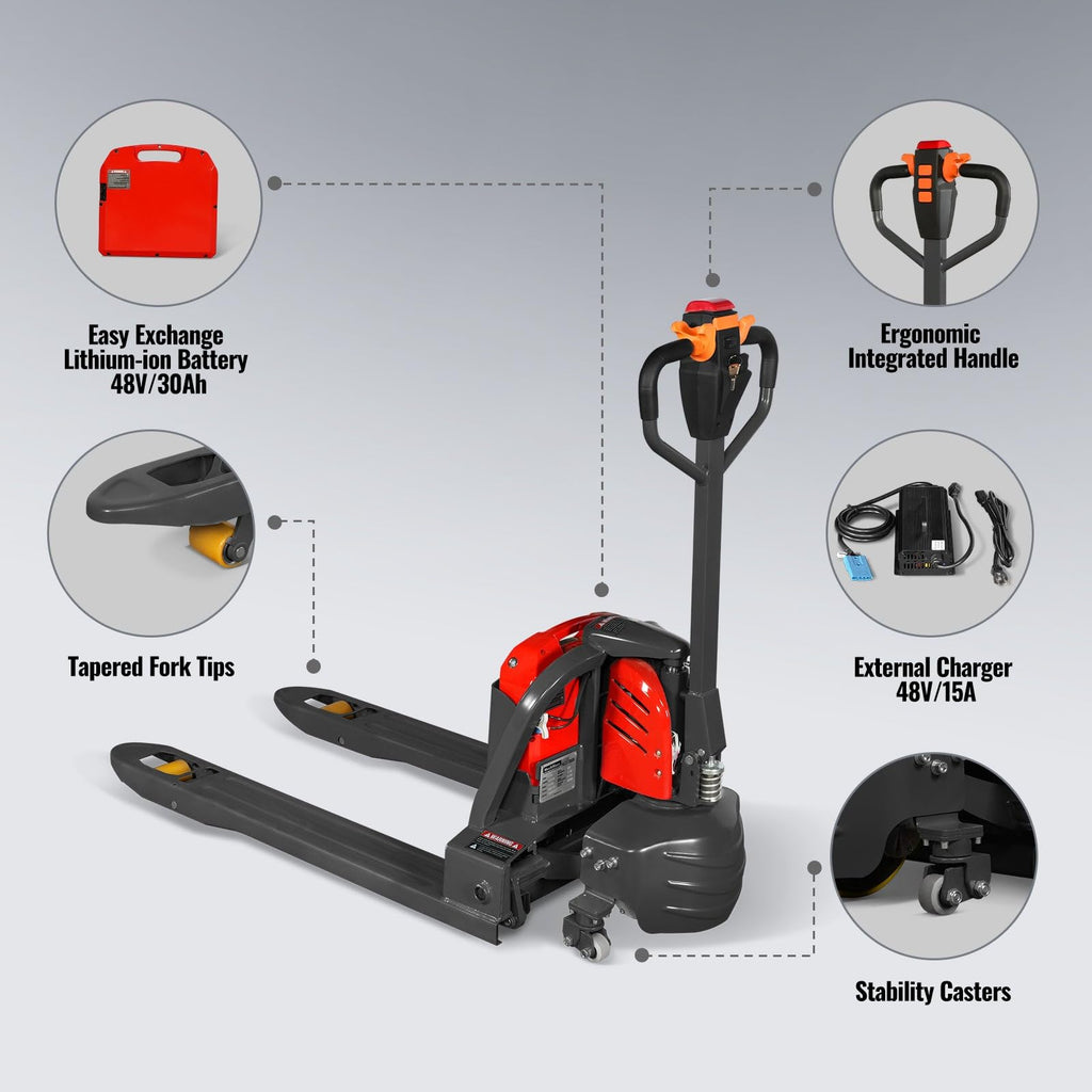 MechMaxx 4400lbs Lithium-ion Electric Pallet Jack, 45"x27" Fork, 48V 30Ah Removable Battery, Walkie Type Truck, Model LPT44