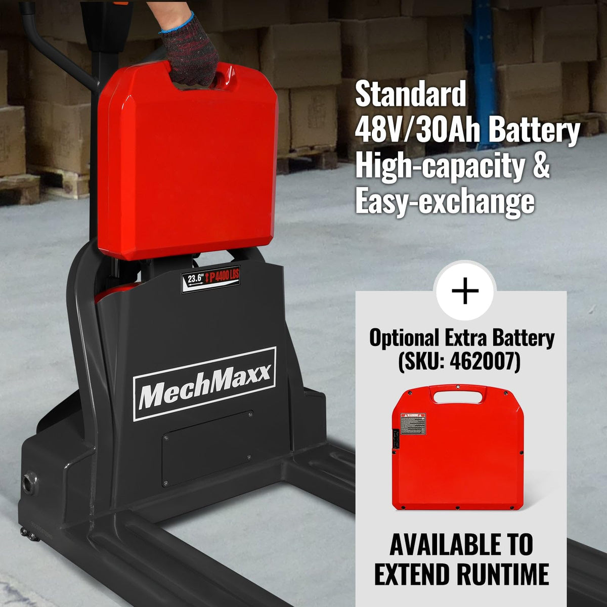 MechMaxx 4400lbs Lithium-ion Electric Pallet Jack, 45"x27" Fork, 48V 30Ah Removable Battery, Walkie Type Truck, Model LPT44