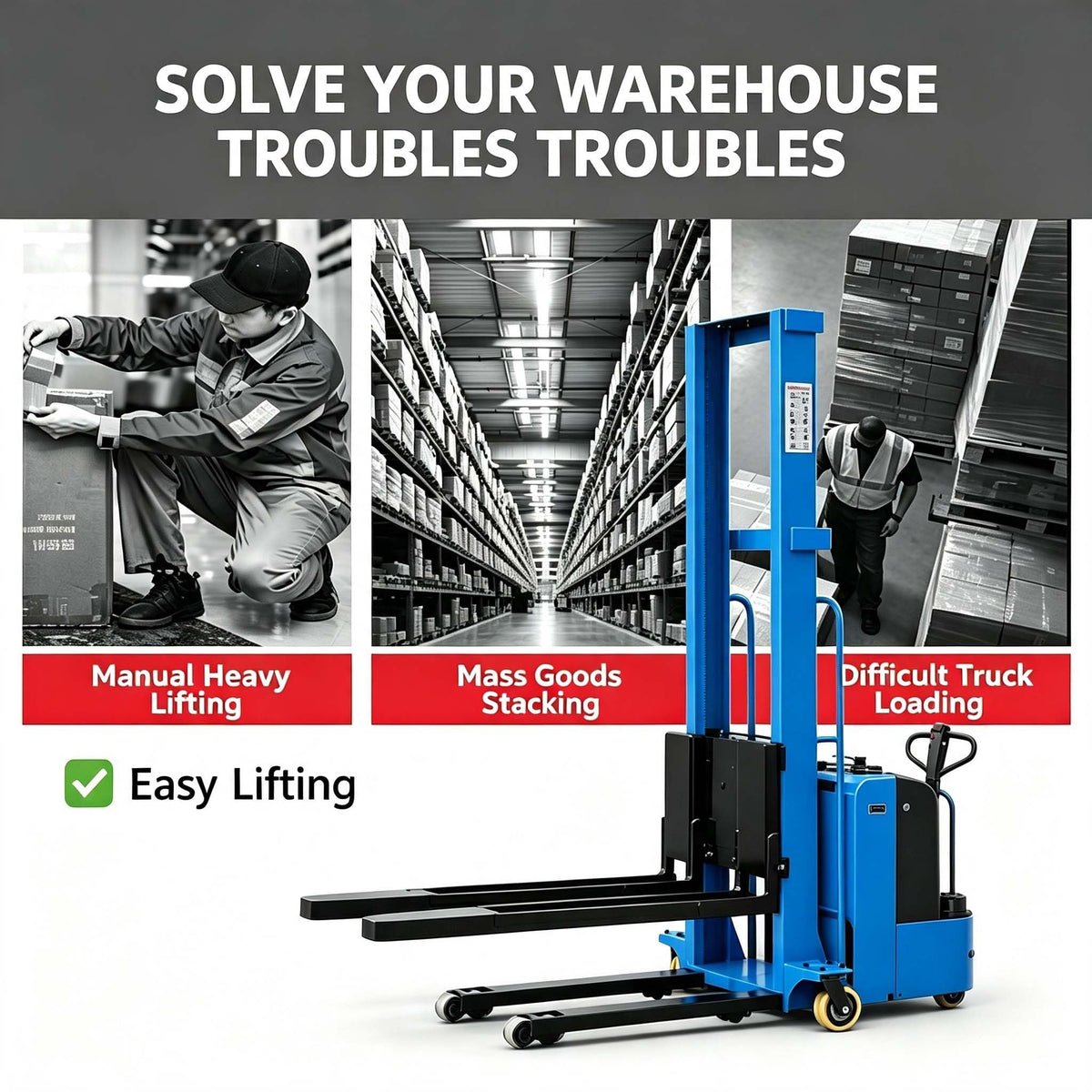 Semi Electric Pallet Stacker Forklift, Hydraulic Portable Material Lift
