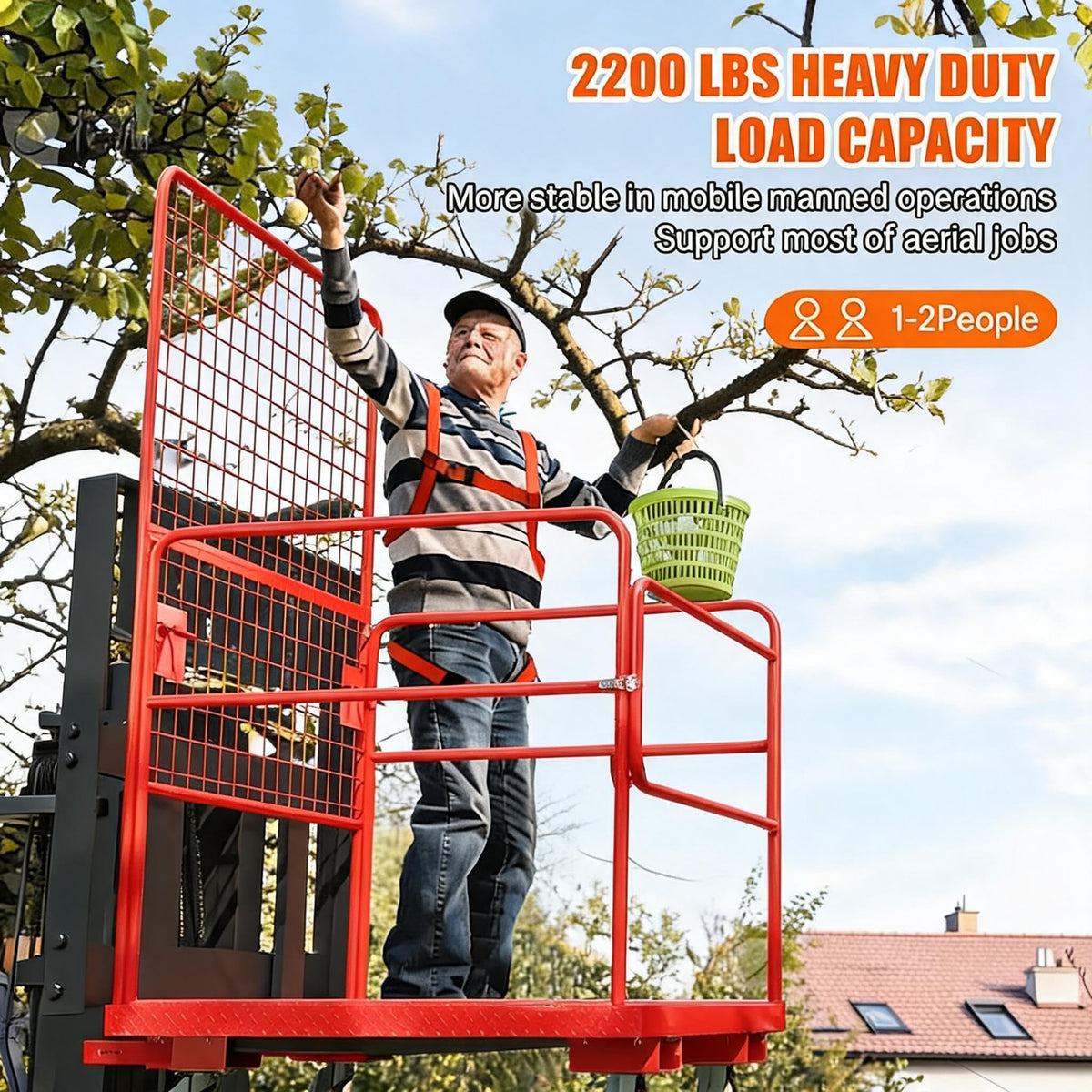 MAXSA Heavy-Duty Forklift Safety Cage – 43"x45" 1800 lbs Capacity 2-Man Aerial Work Platform with Harness, Lock & Wheels – Collapsible Steel Basket, Round Tube (Red)