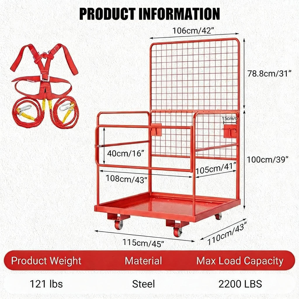 MAXSA Heavy-Duty Forklift Safety Cage – 43"x45" 1800 lbs Capacity 2-Man Aerial Work Platform with Harness, Lock & Wheels – Collapsible Steel Basket, Round Tube (Red)