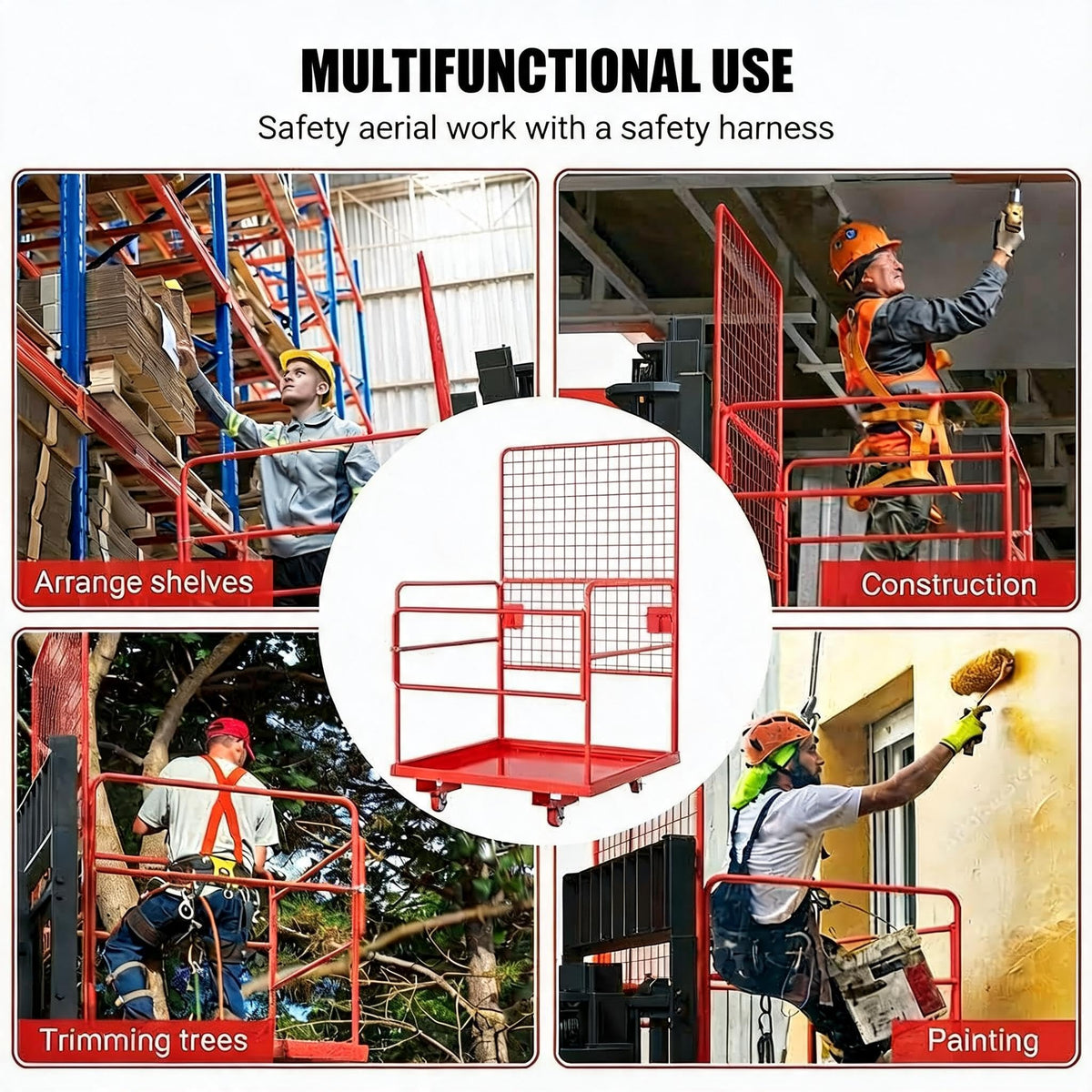 MAXSA Heavy-Duty Forklift Safety Cage – 43"x45" 1800 lbs Capacity 2-Man Aerial Work Platform with Harness, Lock & Wheels – Collapsible Steel Basket, Round Tube (Red)