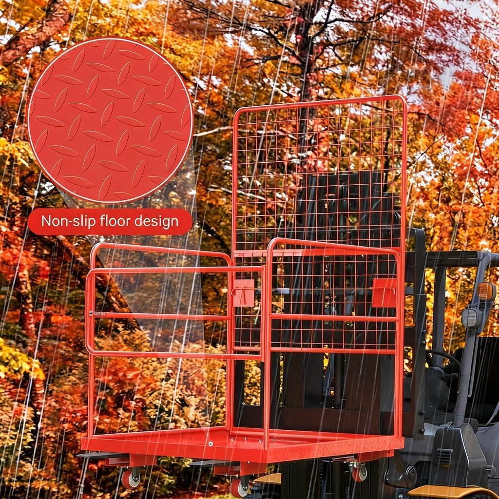 MAXSA Heavy-Duty Forklift Safety Cage – 43"x45" 1800 lbs Capacity 2-Man Aerial Work Platform with Harness, Lock & Wheels – Collapsible Steel Basket, Round Tube (Red)